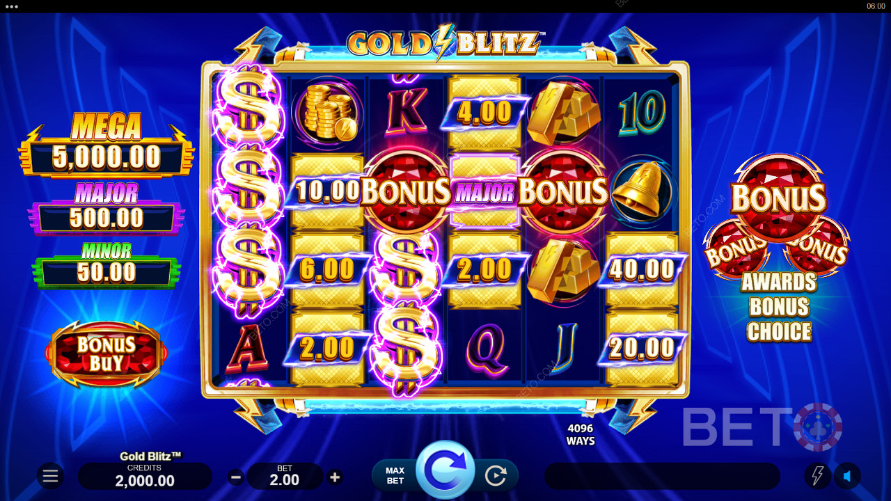 Gold Blitz slot makinesindeki temel oyunda nakit ödüller kazanılabilir