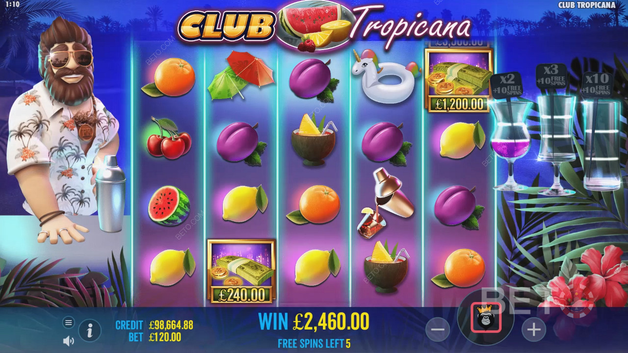 Club Tropicana slotunda Ücretsiz Döndürmelerde Para sembollerini toplama fırsatı yakalayın