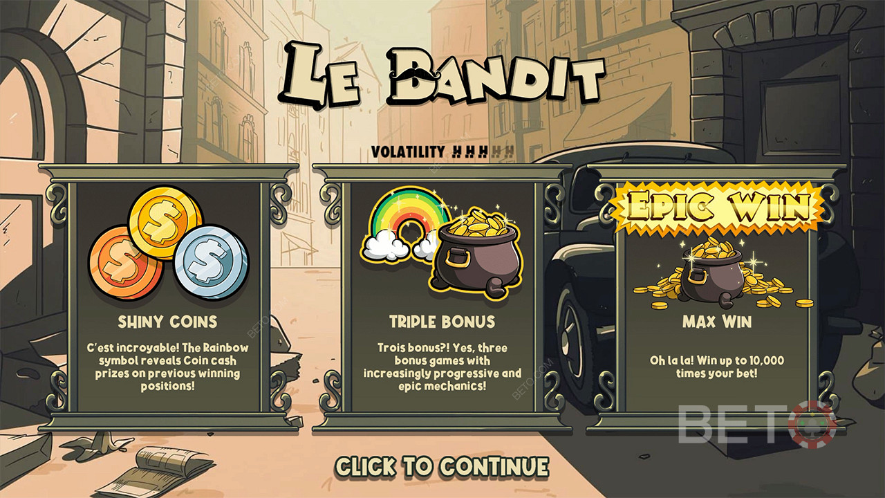 Üç bonus ve nakit ödül, Le Bandit slotunda bahsinizin 10.000 katını kazanmanıza yardımcı olacak