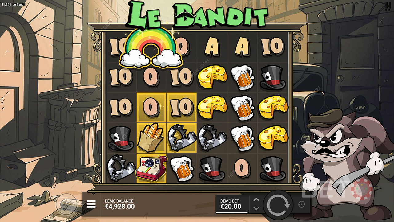 Gökkuşağı sembolü Le Bandit slot makinesindeki tüm Altın Kareleri etkinleştirir