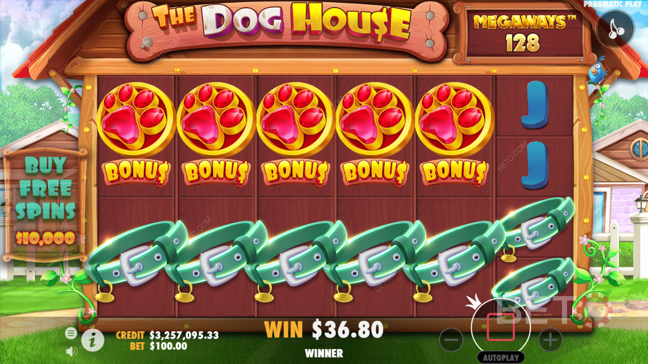 The Dog House Megaways casino slotlarının ayrıntılı bir oyun arayüzü