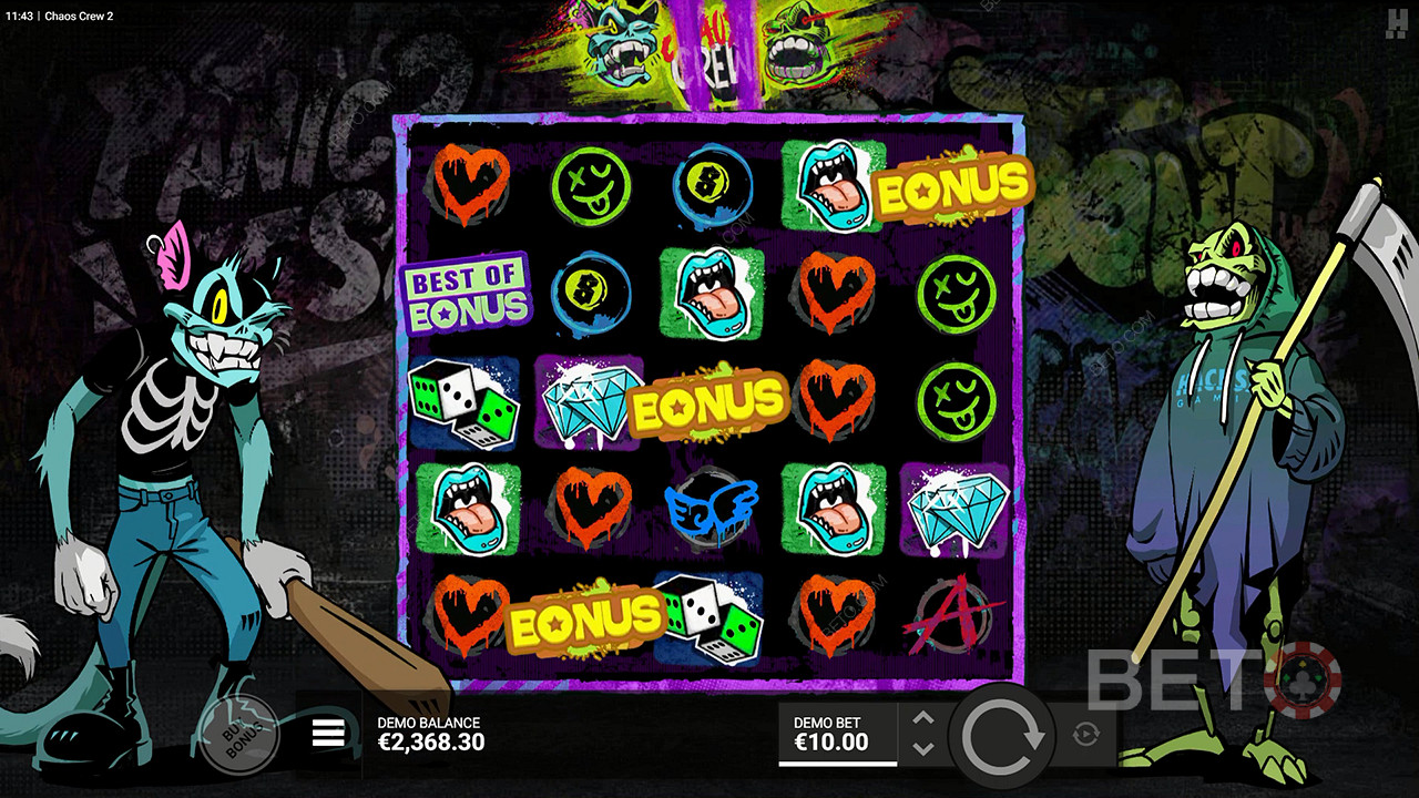 Chaos Crew 2 online slotunda 3 bonus sembolü tutturduktan sonra Bonus Oyununu tetikleyin