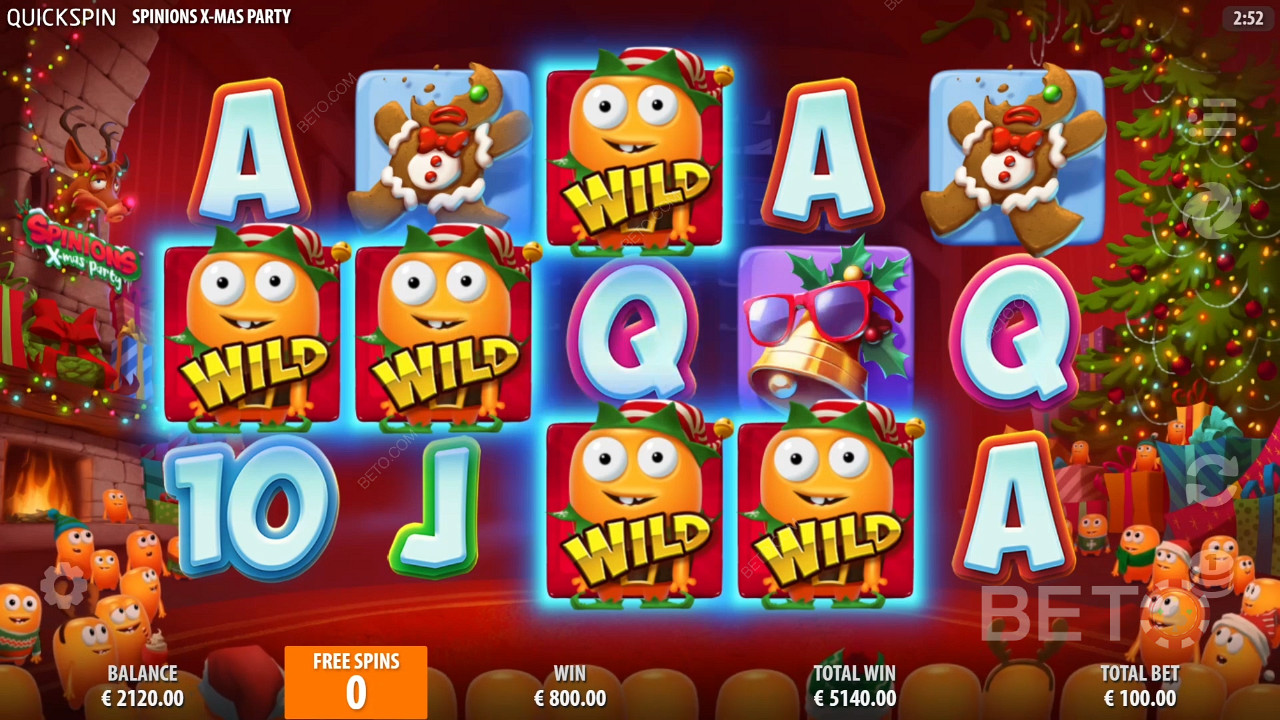 Spinions Xmas Party online slot oyununda Sticky Wilds sembolleri ve büyük kazançlar bir arada