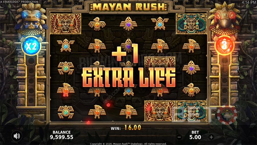Mayan Rush Bonus özellikler arasında Ücretsiz Döndürme, çarpan ve kumar özelliği bulunmaktadır