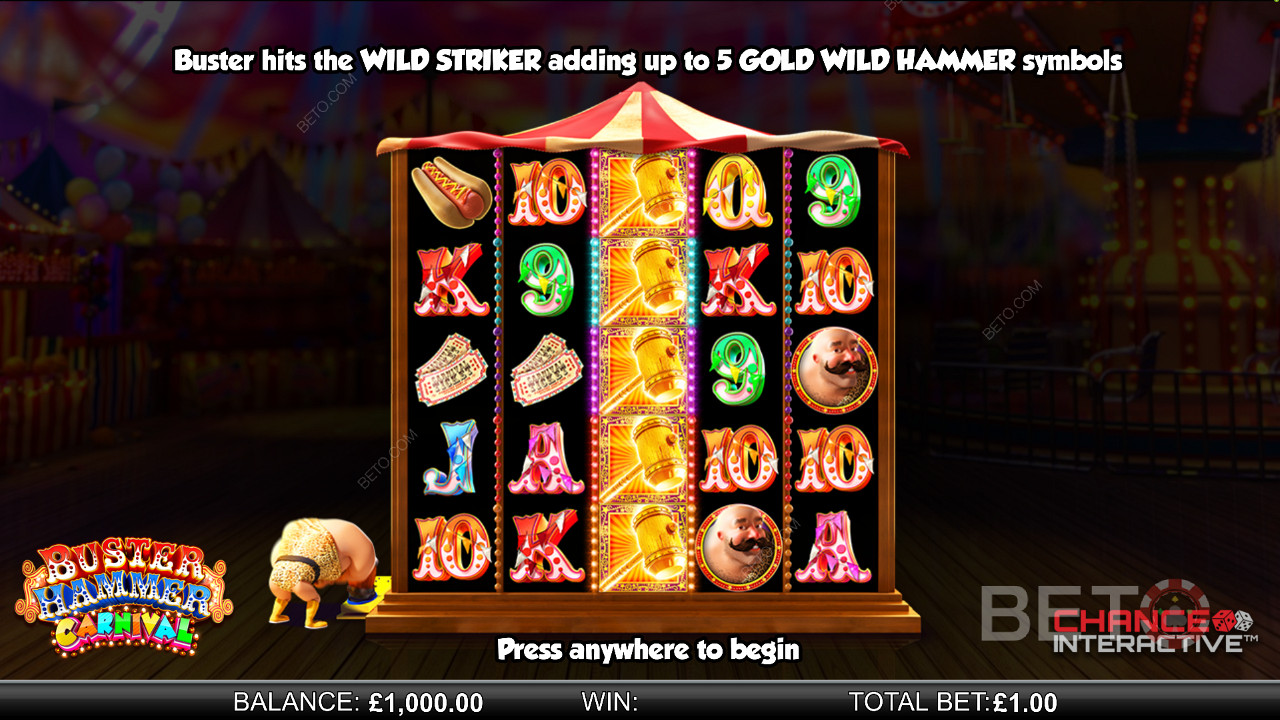 Buster Hammer Carnival online slotunda Wild Striker özelliğinin tadını çıkarın