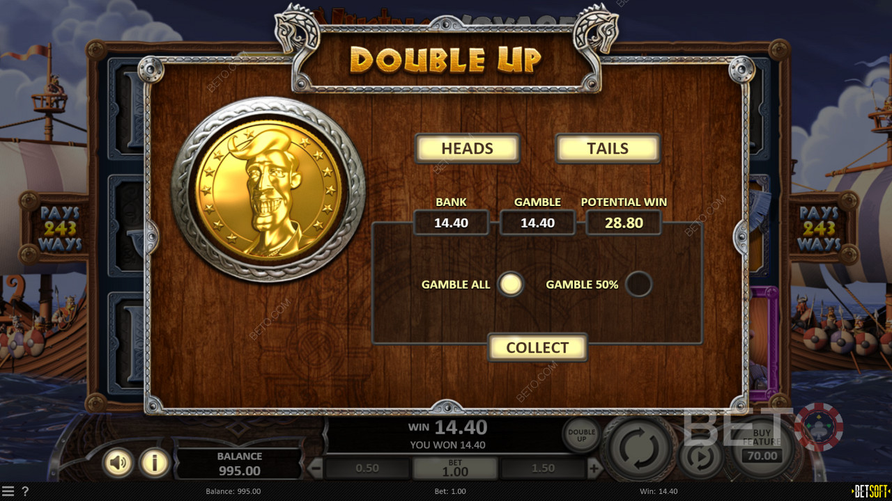 Viking Voyage slot makinesinde kazancınızı ikiye katlamak için Double Up özelliğini deneyin
