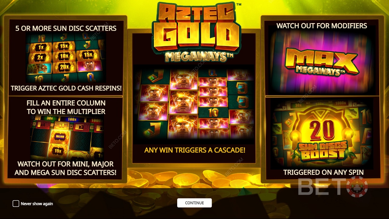 Aztec Gold Megaways slot makinesinde çeşitli güçlü bonus özelliklerinin keyfini çıkarın