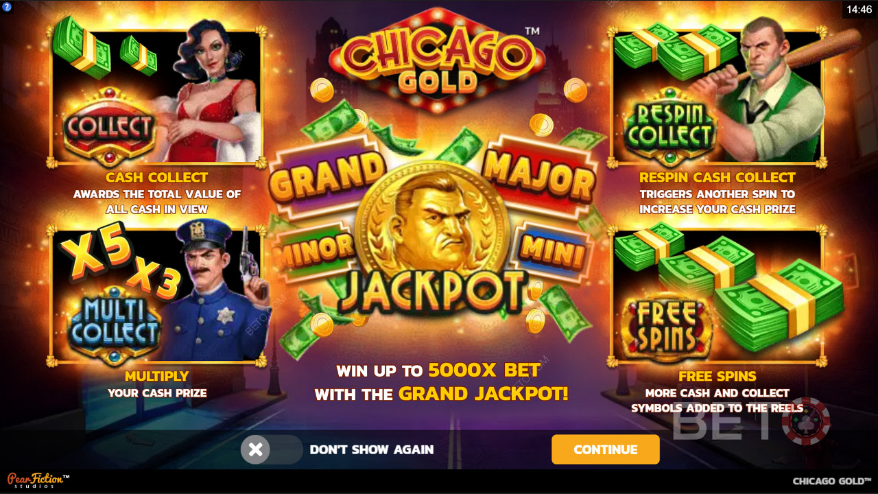Chicago Gold slot makinesinde Collect özelliklerinin, Jackpotların ve Free Spins