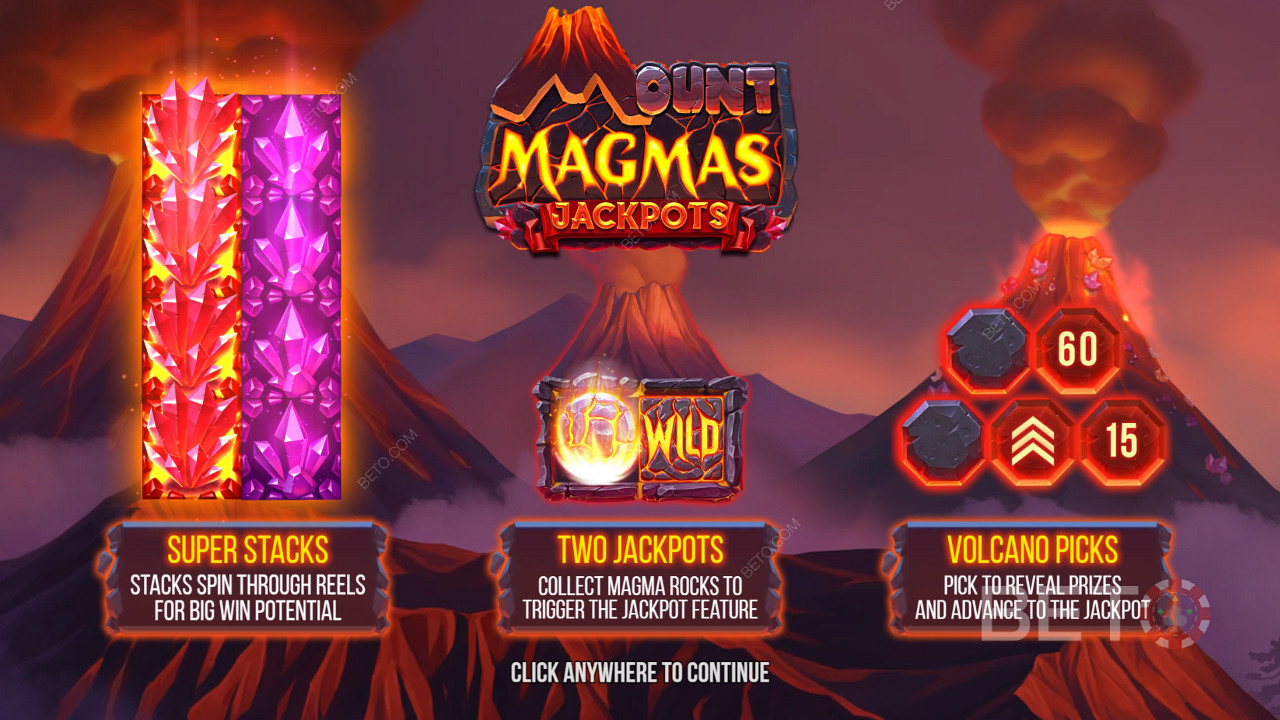 Mount Magmas slotunda Super Stacks, 2 jackpot ve Volcano Bonus özelliğinin keyfini çıkarın
