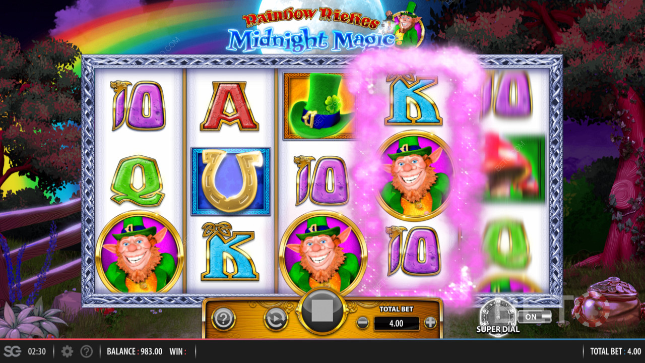 Rainbow Riches Midnight Magic Barcrest adresinden, Süper Arama Bonusu içeren özellikler