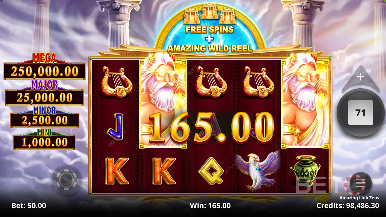 Oynayın ve Amazing Link Zeus slotunda 4 Sabit Jackpot Ödülünden birini kazanma şansı yakalayın