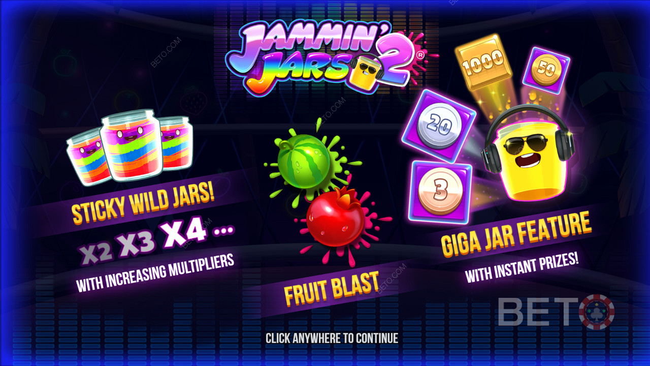 Jammin Jars 2 slotunda yapışkan Wilds, Fruit Blast özelliği ve Giga Jar Spins