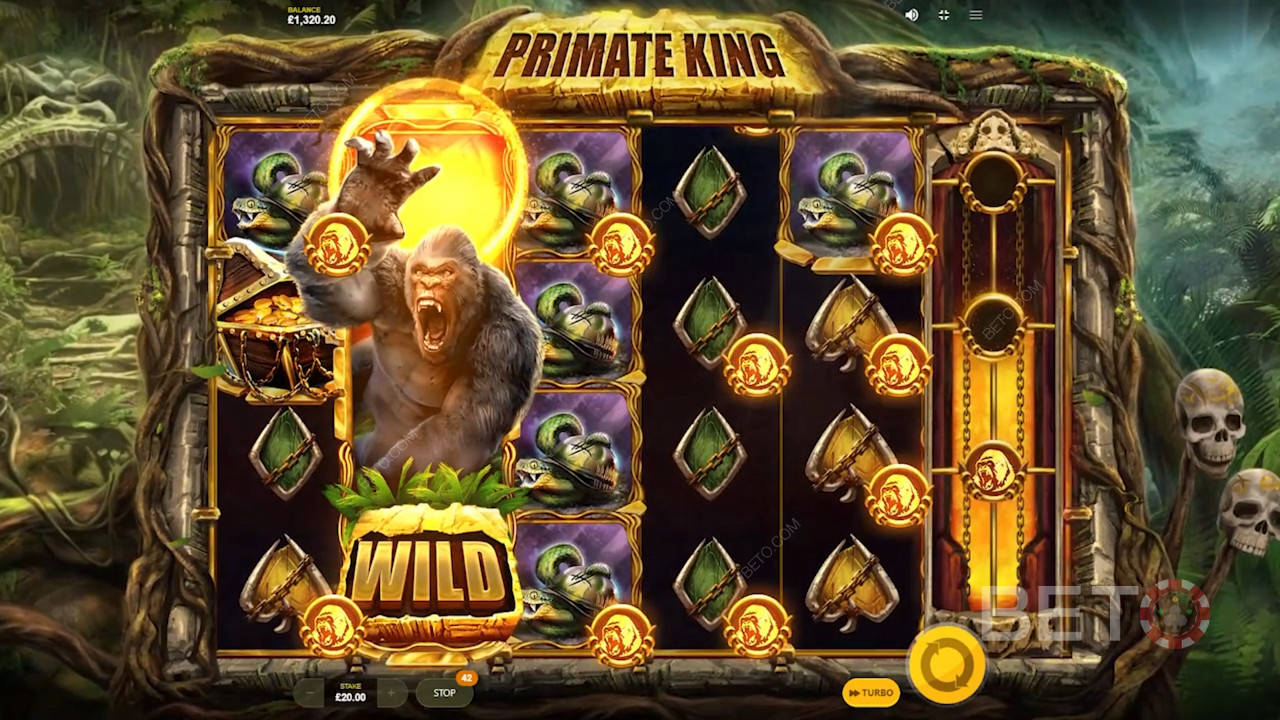 Primate King Red Tiger Gaming adresinden birçok harika bonus özellik ile dolu