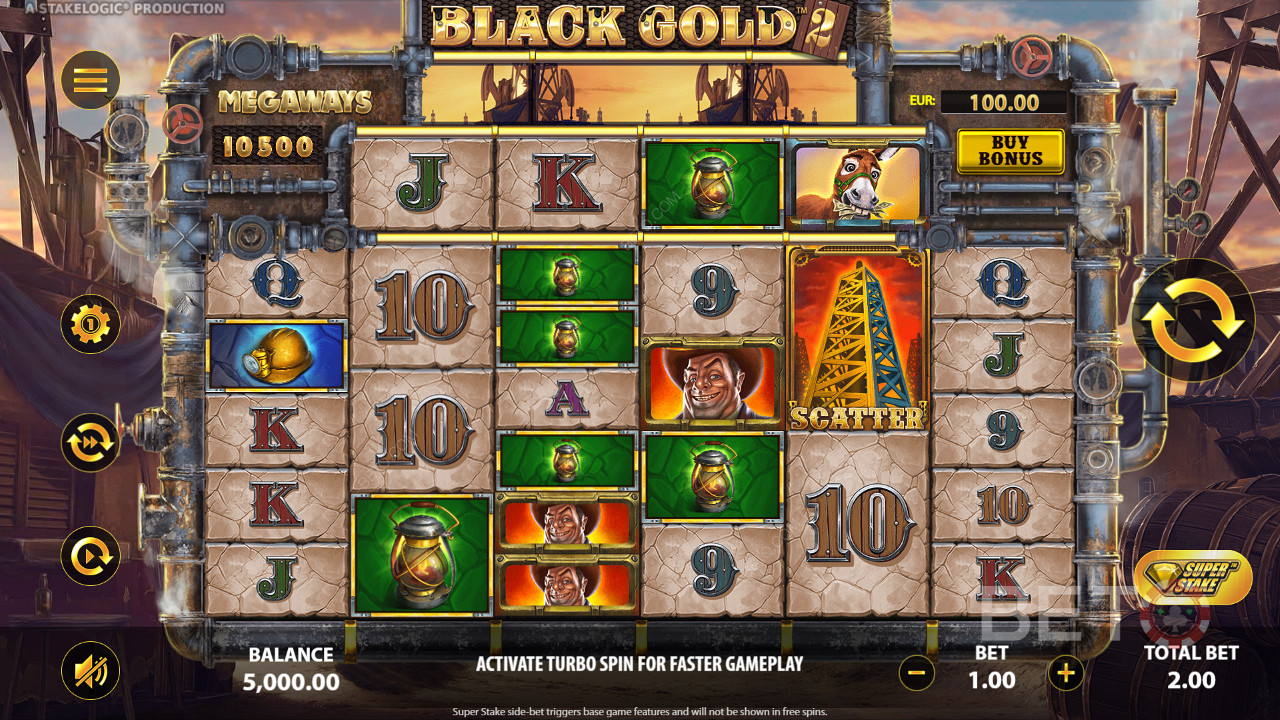 Black Gold 2 Megaways online slotunda kazanmak için 3 veya daha fazla aynı sembolü denk getirin
