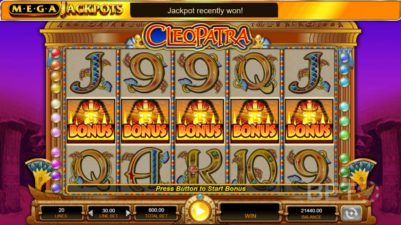 MegaJackpots Cleopatra 5 makaralı 20 ödeme çizgili bir slot içerir