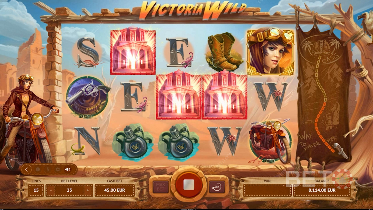 Victoria Wild online slotunda ücretsiz dönüşleri tetiklemek için 3 veya daha fazla Temple Scatter
