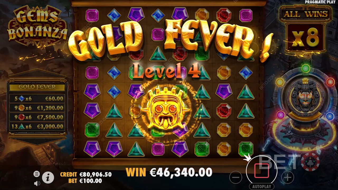 Gold Fever Progressive bonusunun kilidini açmak için en az 114 kazanç sembolü toplayın