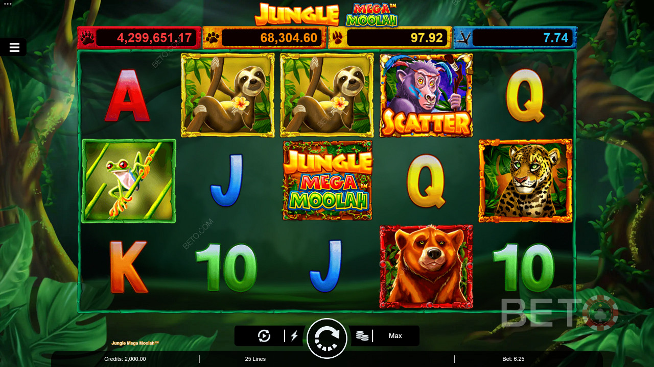 Jungle Mega Moolah slotunda Multiplier Wilds, Free Spins ve dört Progressive Jackpot