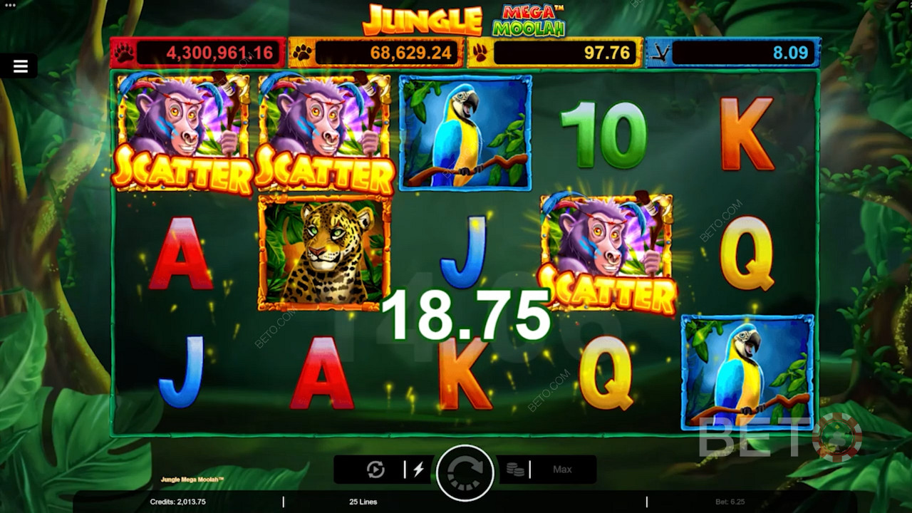 Jungle Mega Moolah online slot oyununda Ücretsiz Döndürmeleri tetiklemek için 3 Maymun Dağılımı yapın