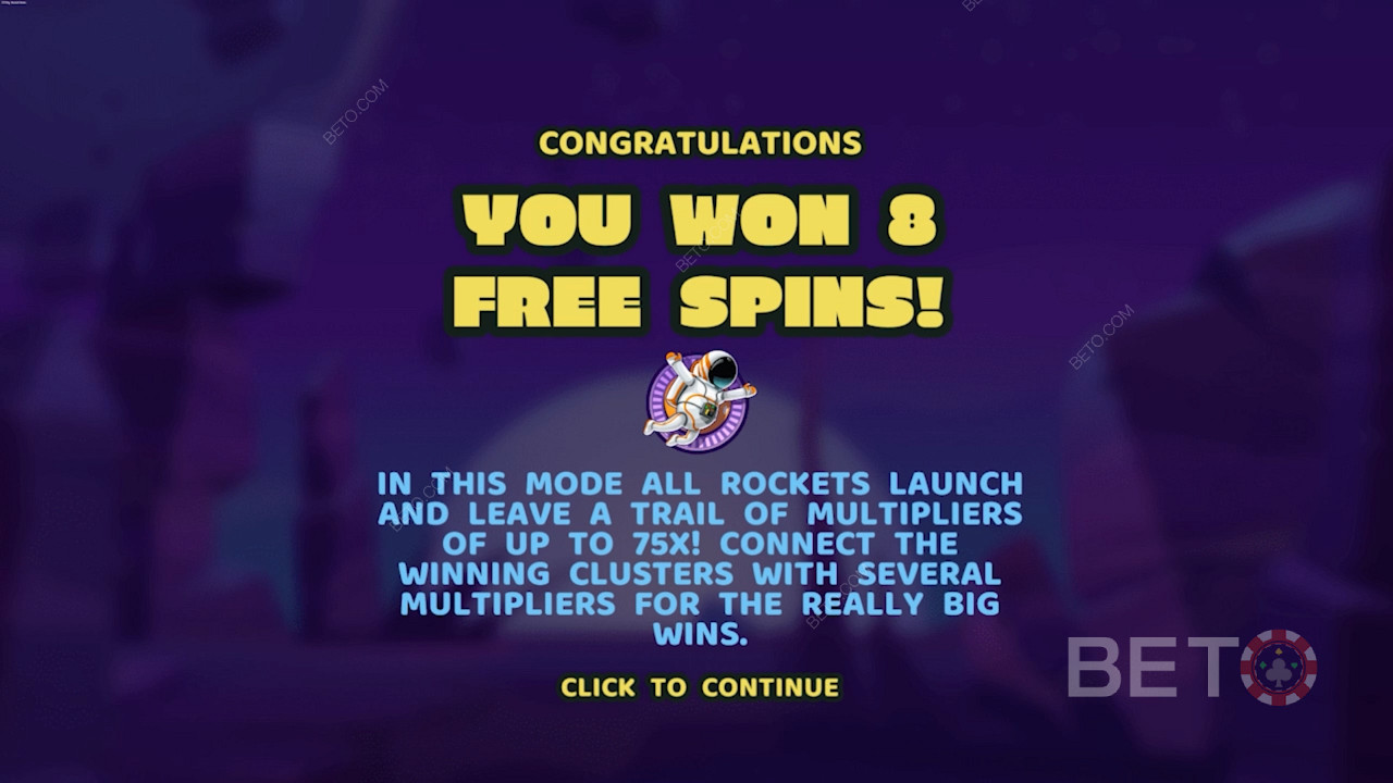 3 Spaceman sembolü tutturmak bu slot makinesinde Free Spins oyun modunu tetikler