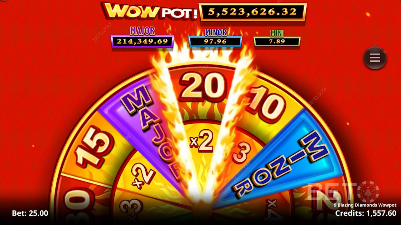 9 Blazing Diamonds Wowpot slotunda çılgın Wowpot Jackpot ödüllerini kazanma şansını yakalayın