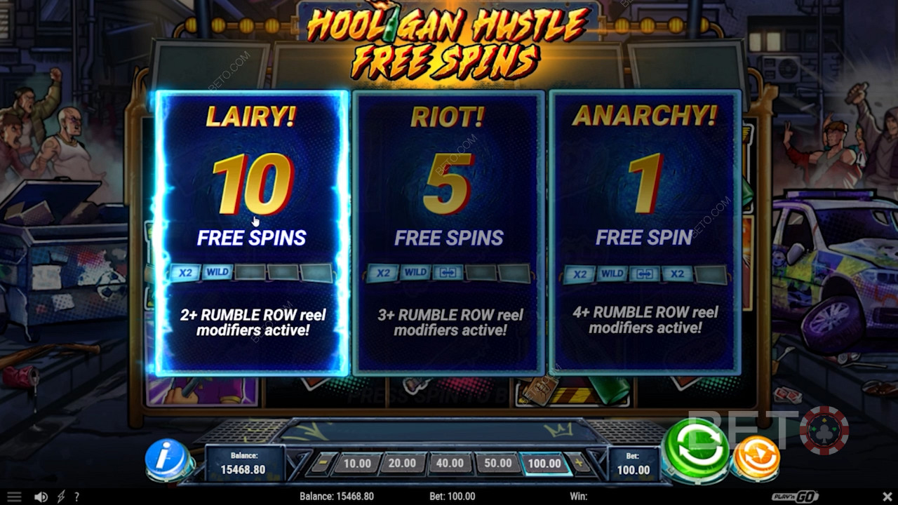Hooligan Hustle slot makinesinde Free Spin türünü seçin
