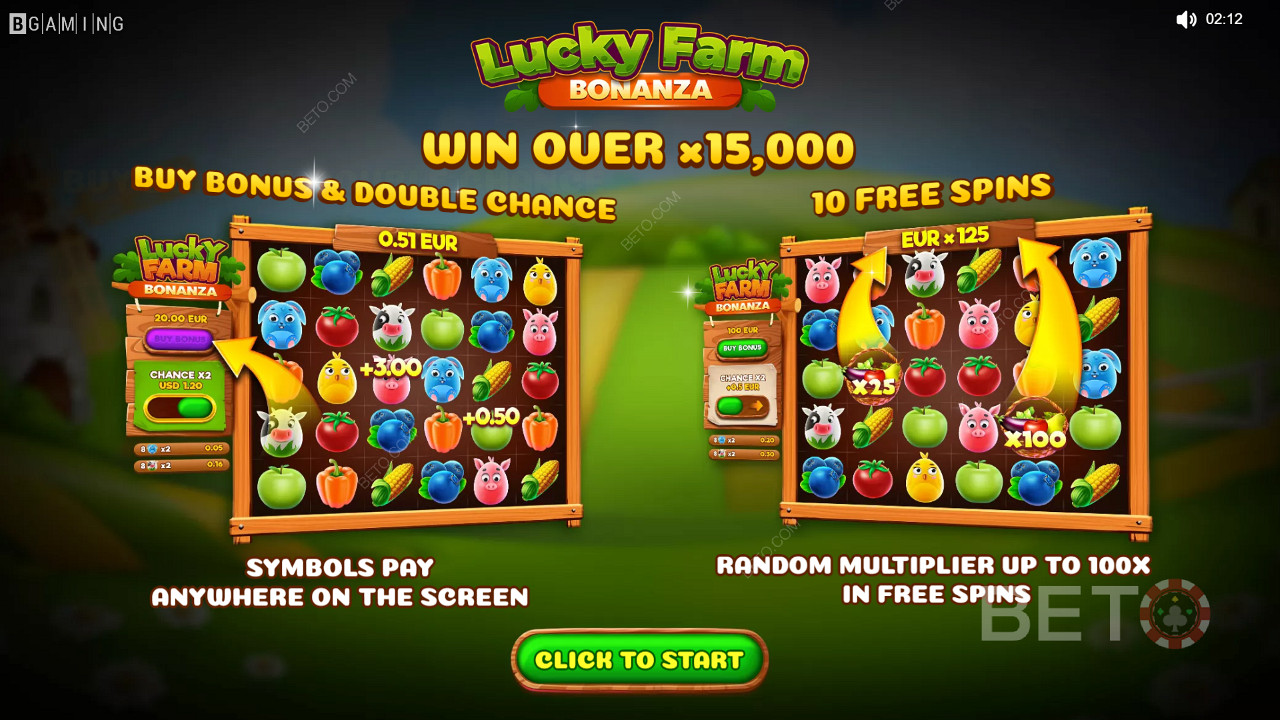 Lucky Farm Bonanza casino oyununda Çarpanların, Çifte Şansın ve Ücretsiz Döndürmelerin tadını çıkarın