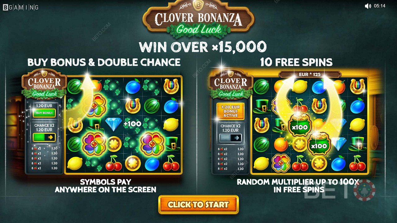 Clover Bonanza slotunda Satın Alma Bonusu, Çifte Şans ve Ücretsiz Döndürme özelliklerinin keyfini çıkarın