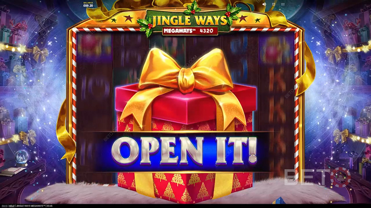 Jingle Ways Megaways slotundaki güçlü özellikleri ortaya çıkarmak için hediyeyi açın