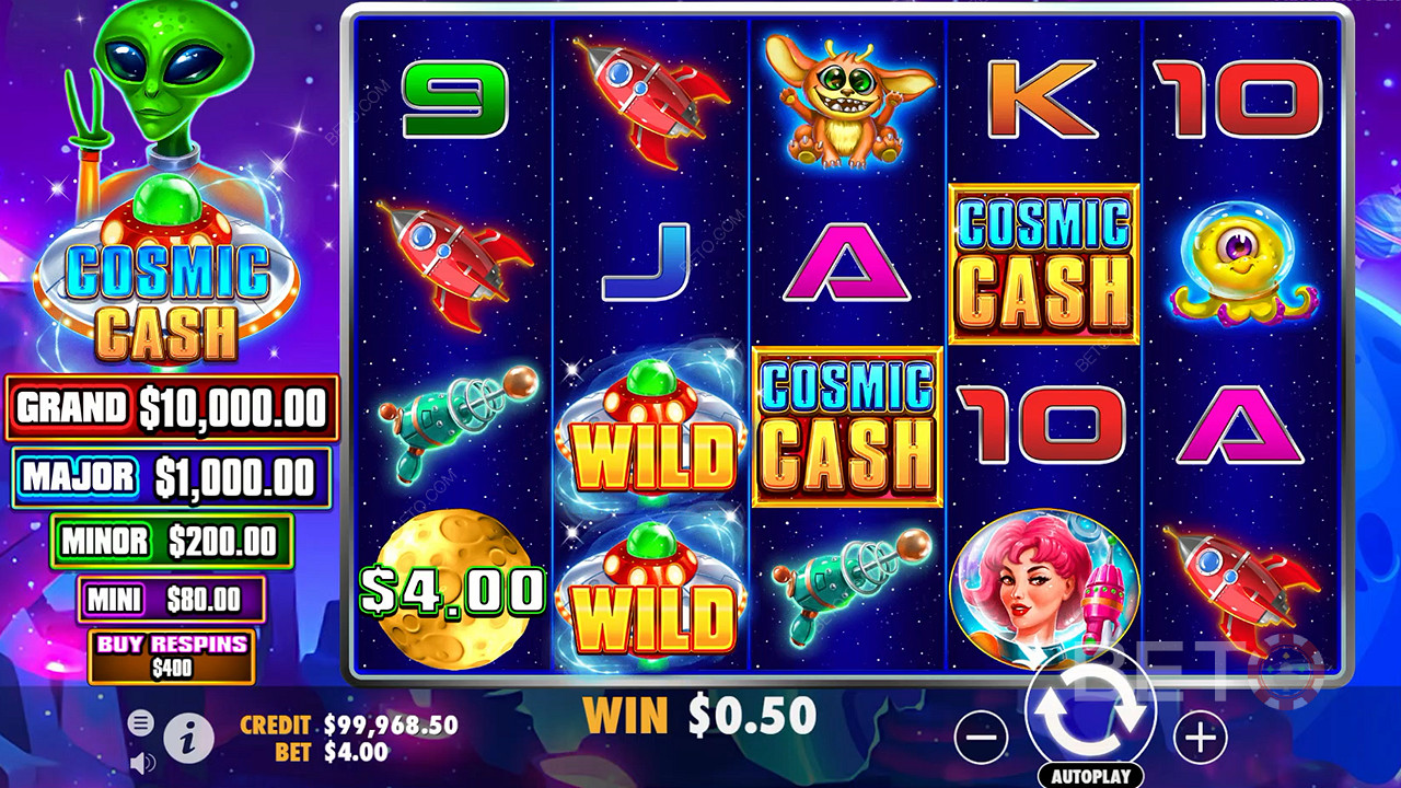 Cosmic Cash casino slotunda temel oyunda çok sayıda Wild sembolü vardır