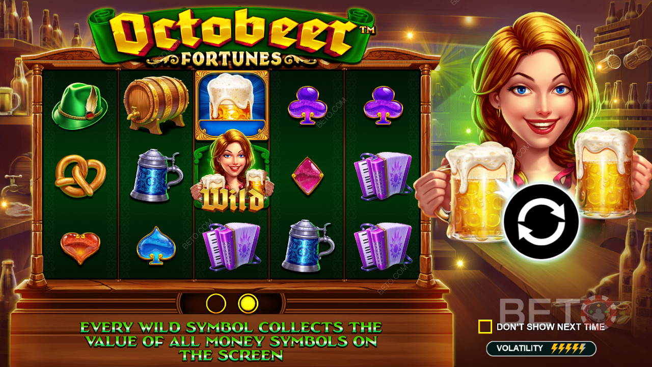 Octobeer Fortunes online slot oyununda Wild sembolleri para sembollerinin değerlerini toplar