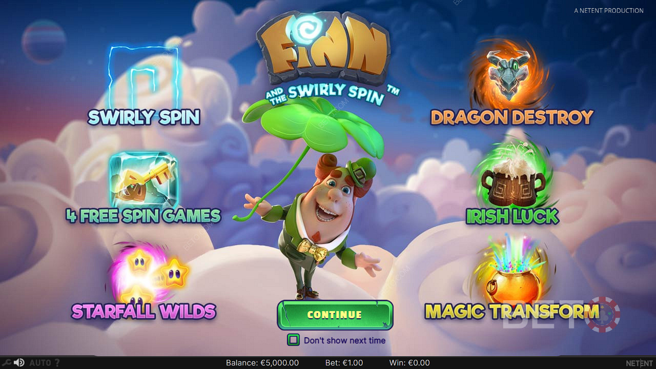 Finn and the Swirly Spin çevrimiçi slotunda çok çeşitli heyecan verici özelliklerin keyfini çıkarın