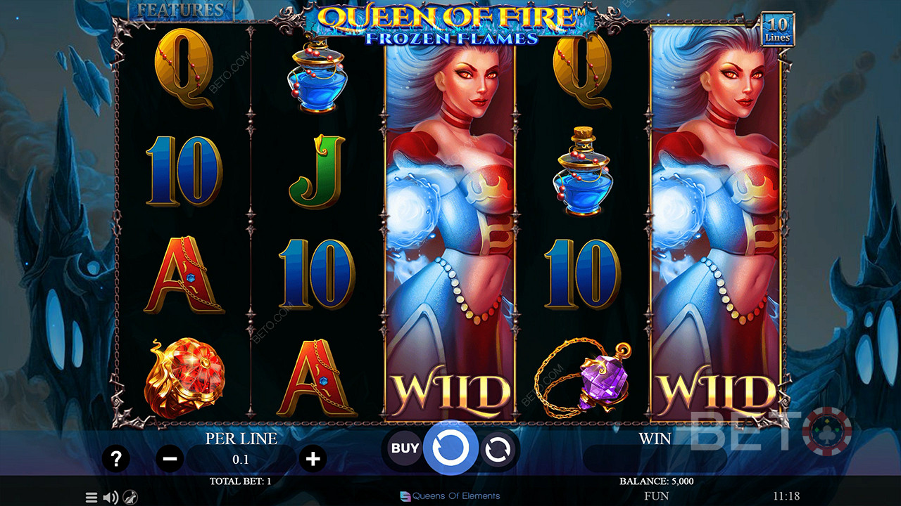 Queen of Fire - Frozen Flames slotunda temel oyunda Genişleyen Jokerlerin keyfini çıkarın
